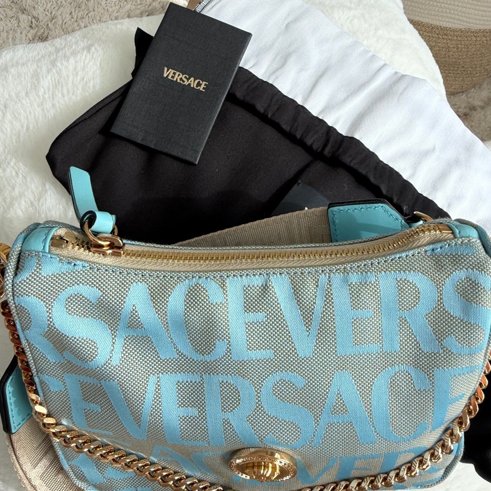 Versace Sky Blue Logo Crossbody Bag with Gold Chain - Picture 3 of 13